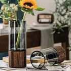Aesthetic Wood Glass Vase Wood Base Cylindrical Blossom Vessel Bedroom Kitchen Living Room Centerpieces Office Desk