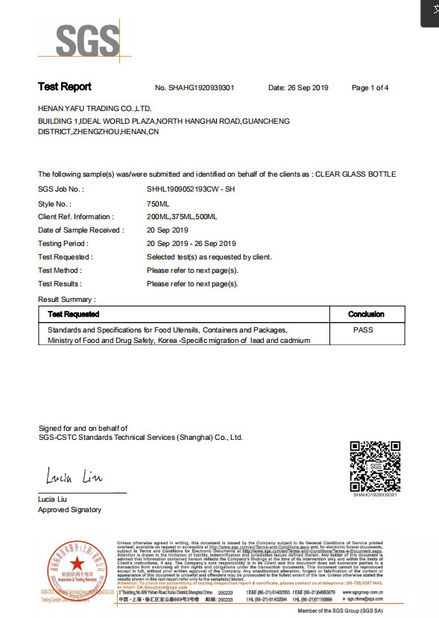 Китай China Yafu Glassware Co., Ltd. Сертификаты