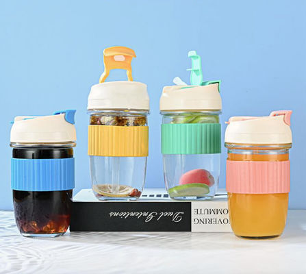 350ML Glass Tumbler with Silicone Sleeve Glass Cups with Lids and Straws Portable Iced Coffee Glasses