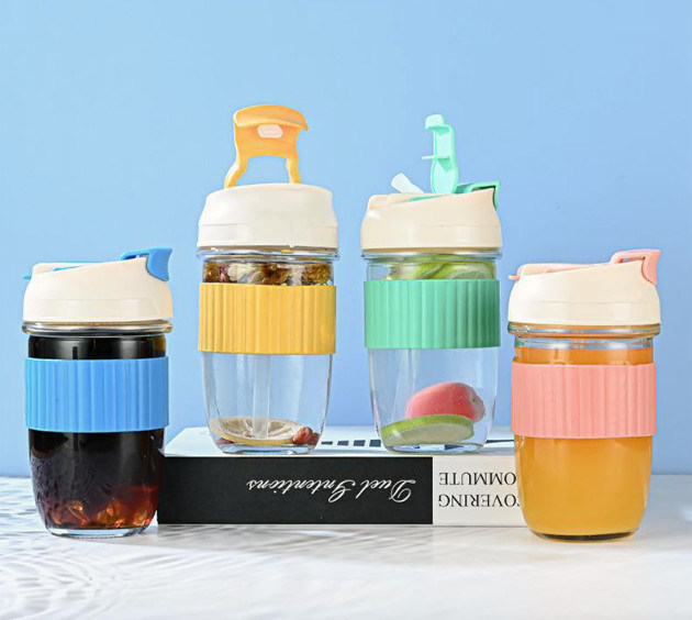 350ML Glass Tumbler with Silicone Sleeve Glass Cups with Lids and Straws Portable Iced Coffee Glasses